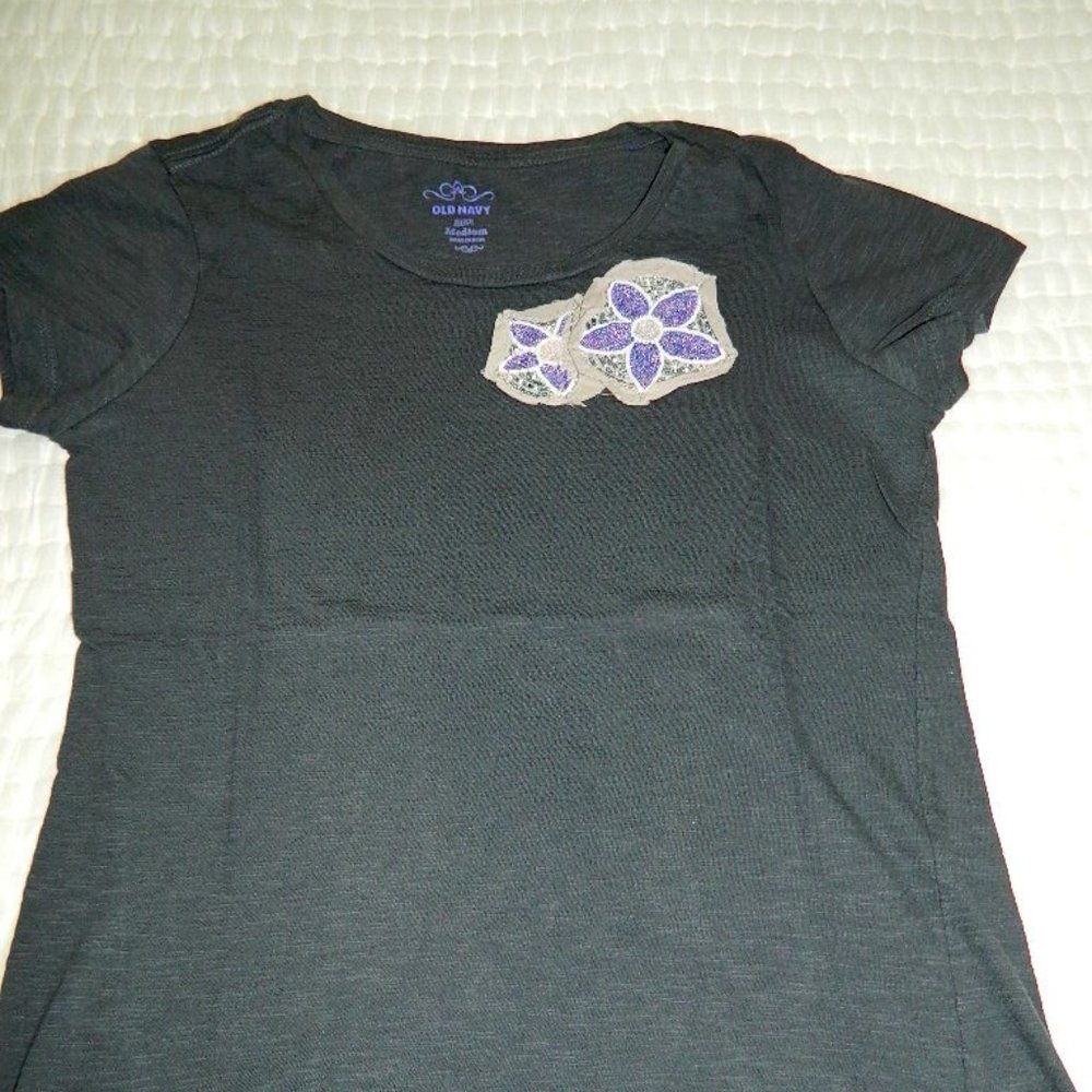 Old Navy Dark Grayish-Purple Beaded Tee , Med